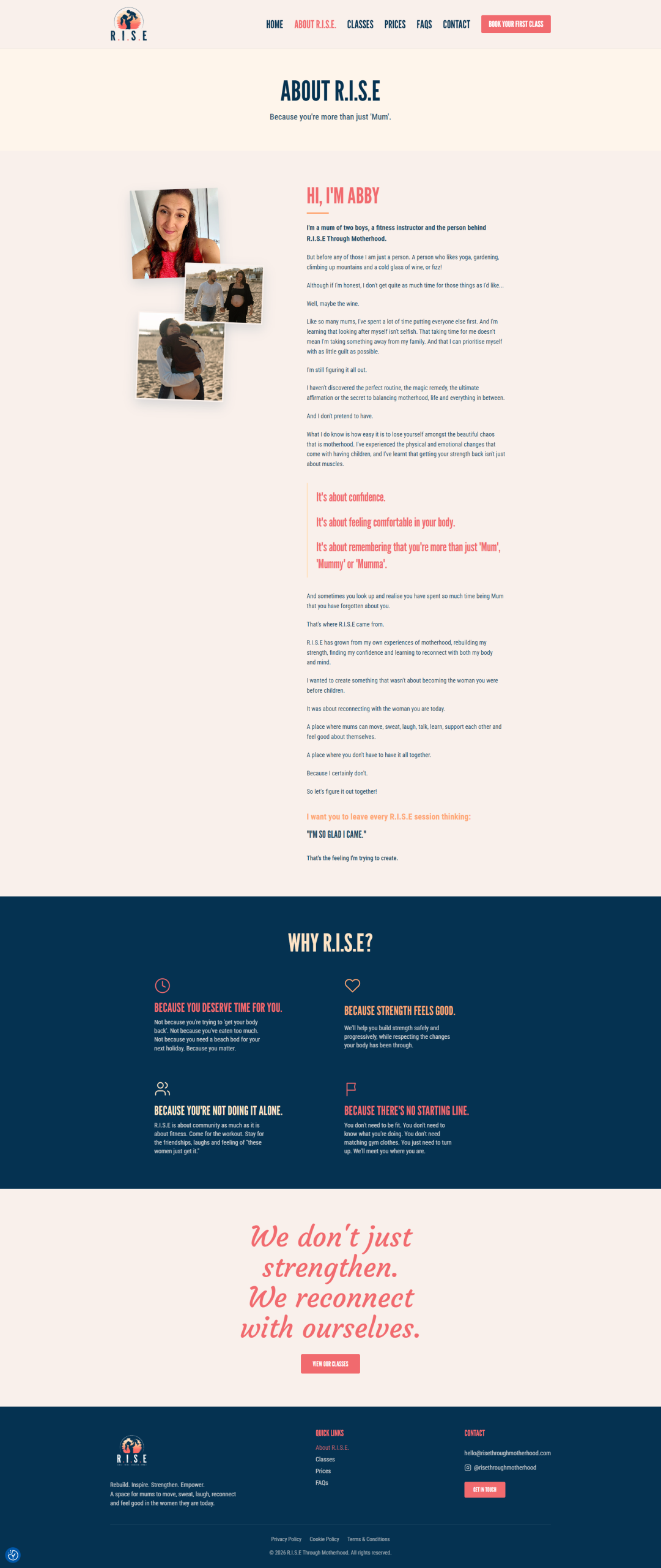 R.I.S.E Through Motherhood About page on the custom WordPress website