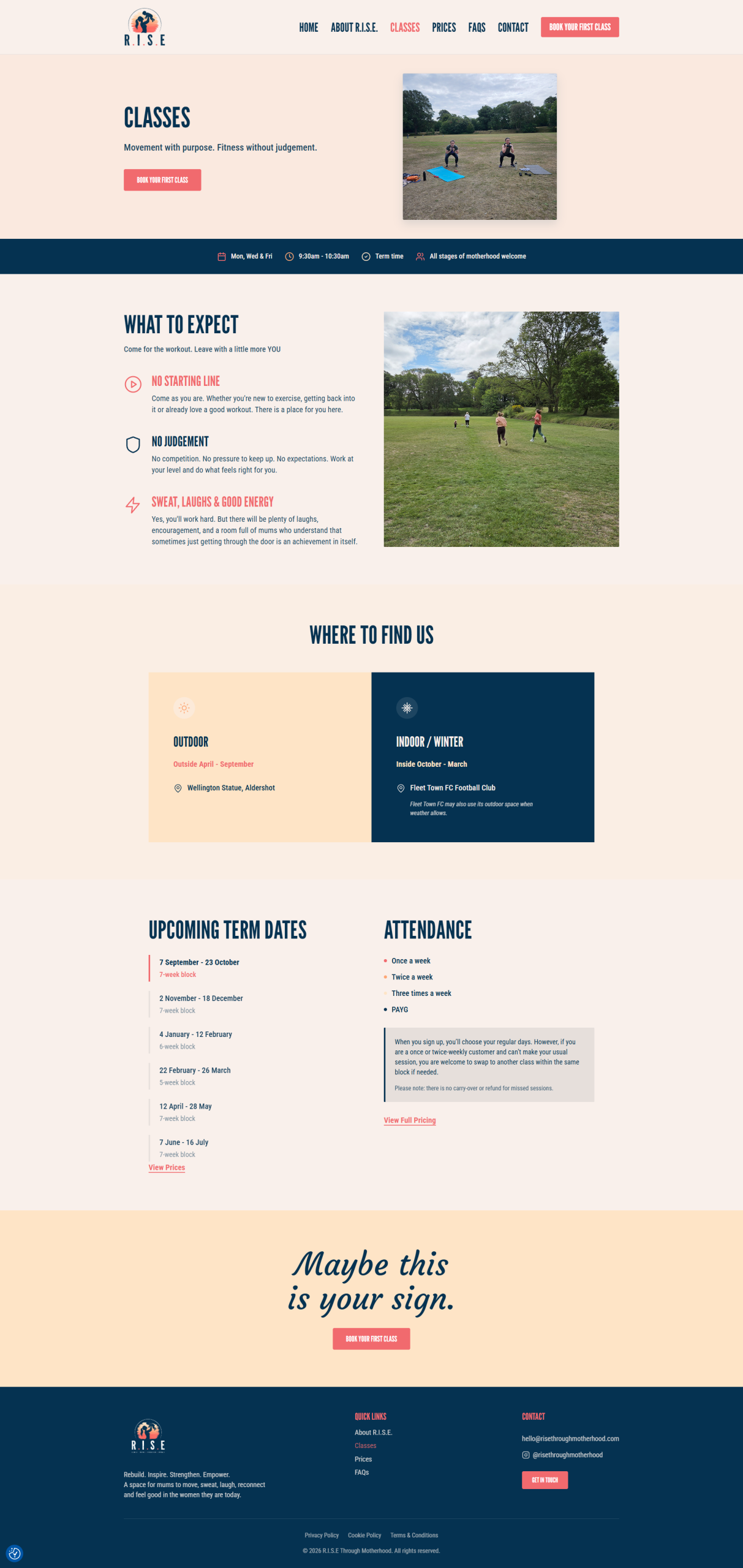 R.I.S.E Through Motherhood Classes page on the custom WordPress website