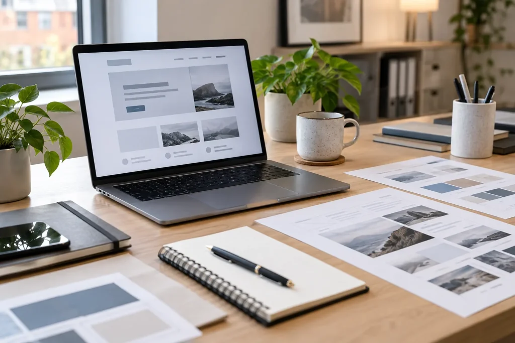 Website project planning workspace with wireframes, scope documents and notebook