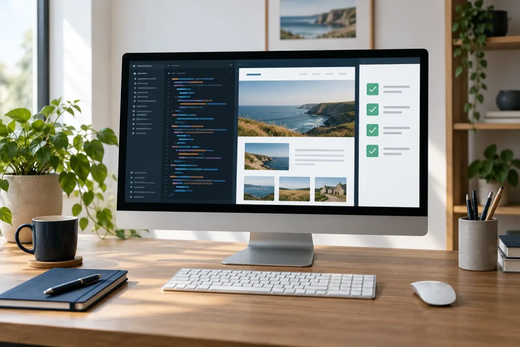 AI-assisted WordPress development reviewed on a professional workstation