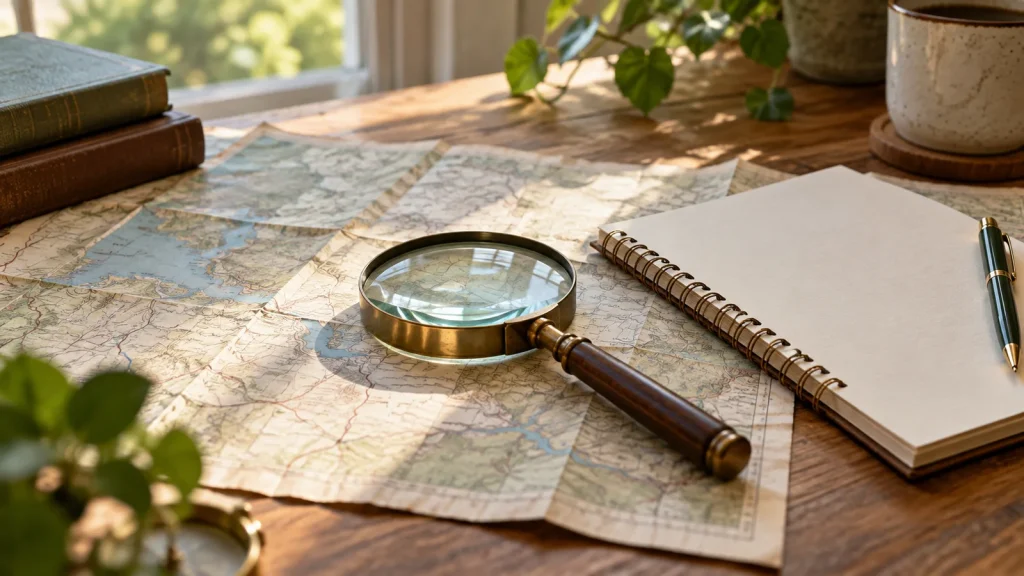 Customer search research with map and magnifying glass