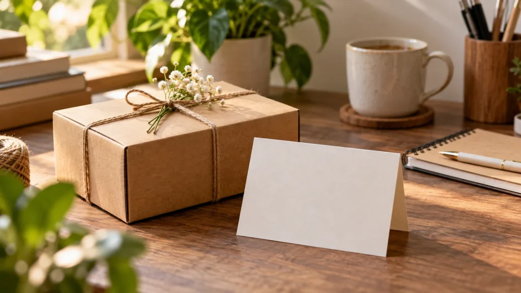 Customer follow-up desk with blank thank-you card