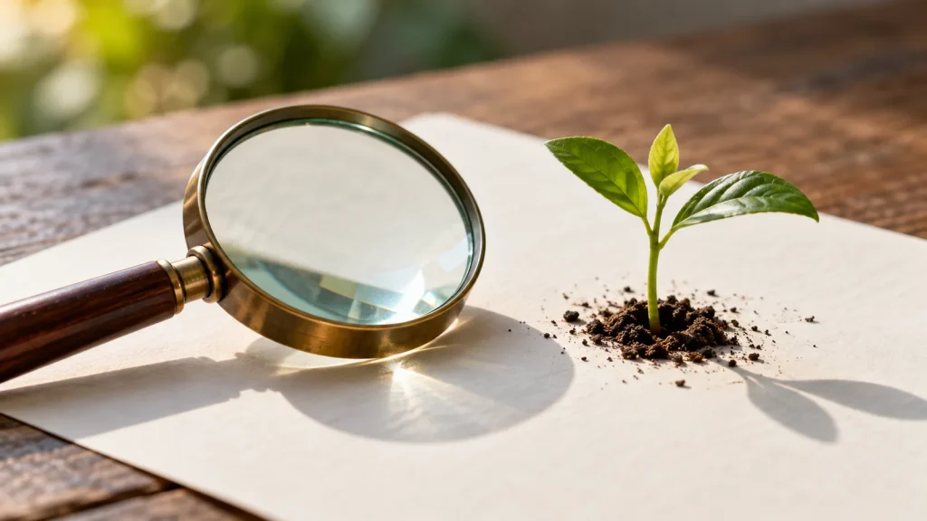 Patient search research with magnifying glass and seedling