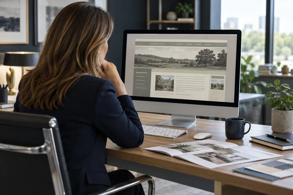 Business owner reviewing an outdated company website